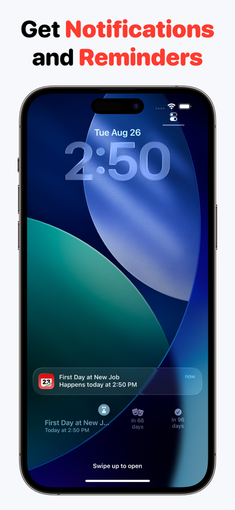 Countdown Widget: Day count - iPhone-Sperrbildschirm mit einer Countdown-Benachrichtigung für einen neuen Job und mehreren Ereignis-Widgets