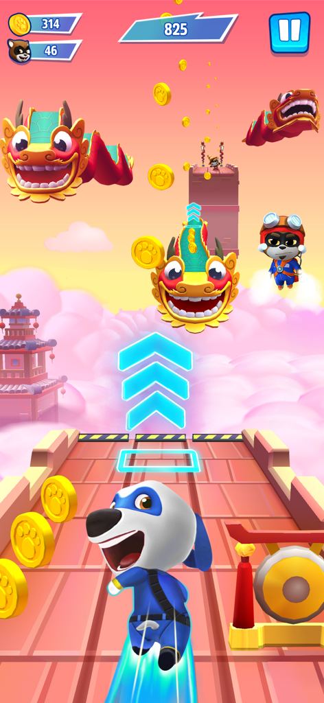 Talking Tom in a blue superhero suit runs along a high-altitude track with floating Chinese dragon heads and gold coins in the sky.