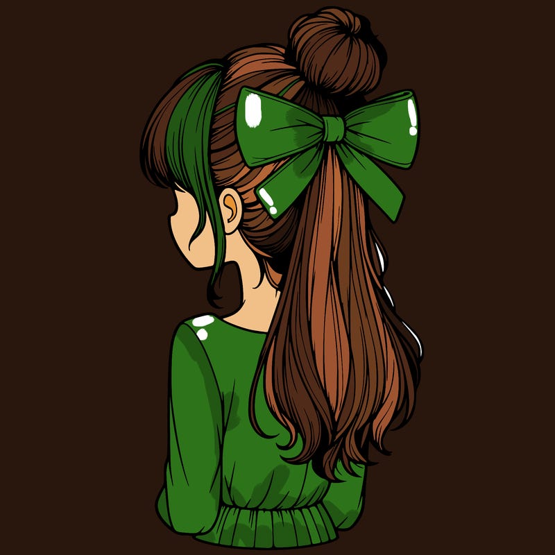 realistic girl  with hip length hair a bun and a big bow on the back of head