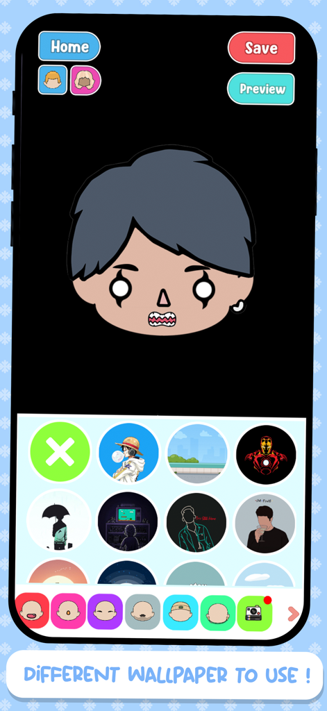 Doll Avatar Maker Plus - Pantalla de creación de personajes en Doll Avatar Maker Plus que muestra diferentes fondos de pantalla para elegir.