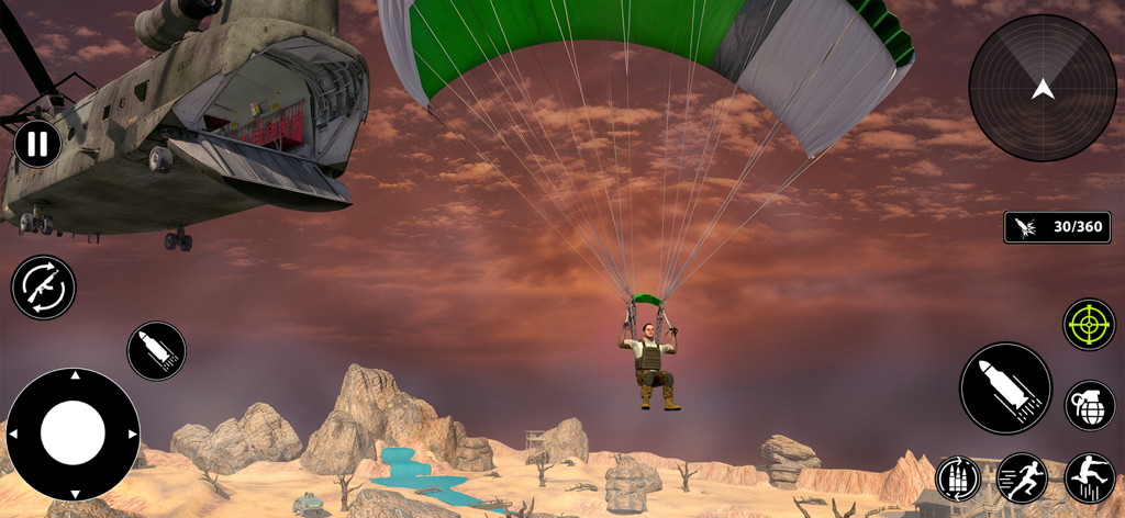 Elite Soldier: War Survival - Elite Soldier War Survival gameplay showing a commando parachuting from a helicopter into a desert mission