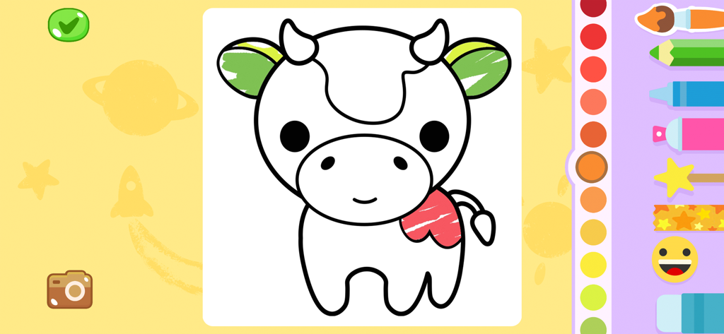 Toddler coloring game interface featuring a cartoon cow and digital art tools
