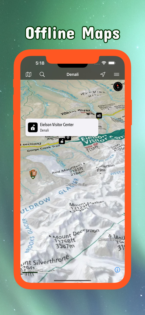 Alaska Pocket Maps - A screenshot of the Alaska Pocket Maps app displaying an offline 3D terrain map of Denali National Park with a pin on the Eielson Visitor Center.