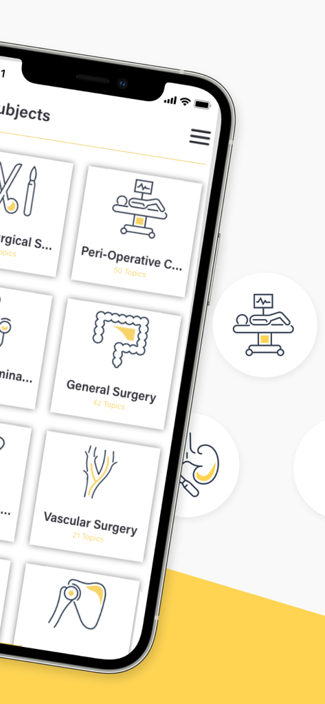 A mobile phone screen displaying the Teach Me Surgery app subjects list including General Surgery and Vascular Surgery categories