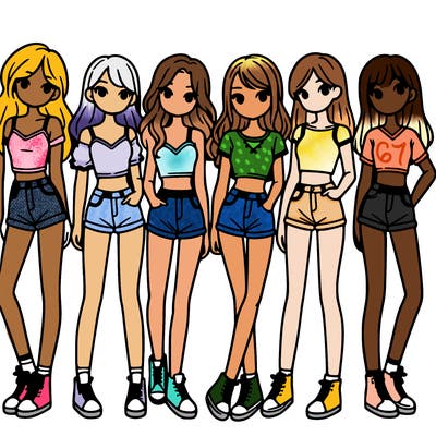 a group of girls wearing crop tops and shorts