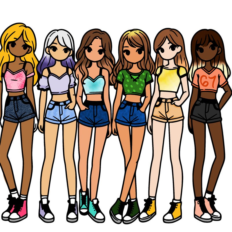 a group of girls wearing crop tops and shorts