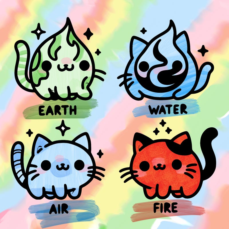 4 cats that represent the different elements, earth, water, air, and fire