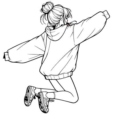realistic girl jumping with a bun and oversized sweatshirt