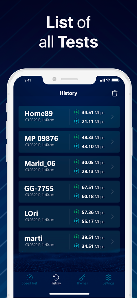 WIFI & Internet Speed Test - Eine Liste vergangener Internet-Geschwindigkeitstestergebnisse mit Download- und Upload-Geschwindigkeiten in Mbit/s für verschiedene WLAN-Verbindungen.