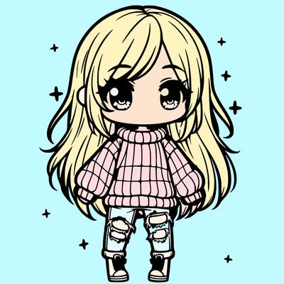 chibi girl with ripped jeans,long hair, and an oversized sweater