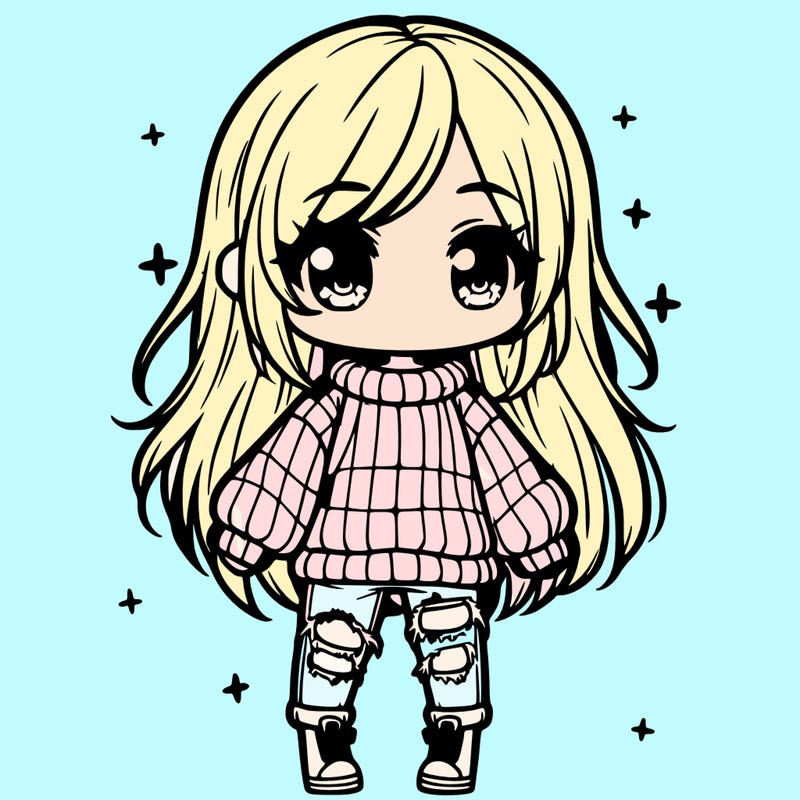 chibi girl with ripped jeans,long hair, and an oversized sweater