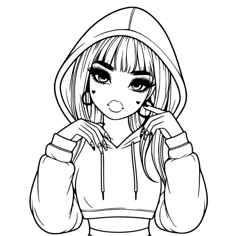 realistic girl with acrylic nails and a crop top hoodie
