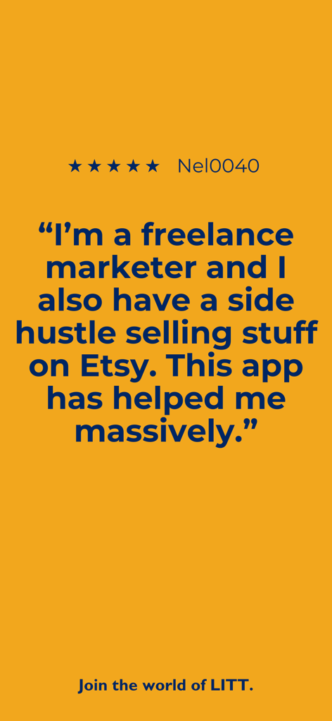 Uma avaliação de usuário de 5 estrelas para o aplicativo LITT de um profissional de marketing freelancer e vendedor da Etsy.