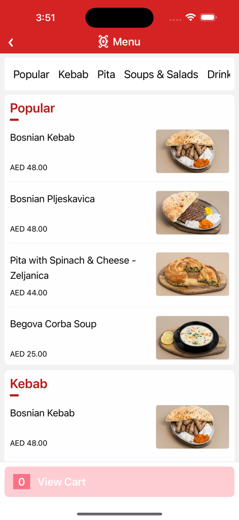 Bosnian House - Bosnian House mobile app menu interface showing popular dishes like kebab and pita with photos and prices