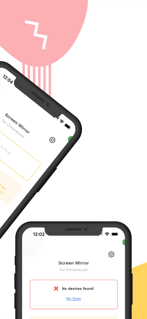 TV Cast Mirror for Chromecast - Interface of the TV Cast Mirror app on an iPhone showing screen mirroring setup and device scanning status.
