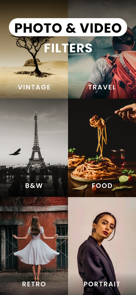 Video Filters Photo Editor TON - A grid of photos displaying various aesthetic filters for video and photo editing.