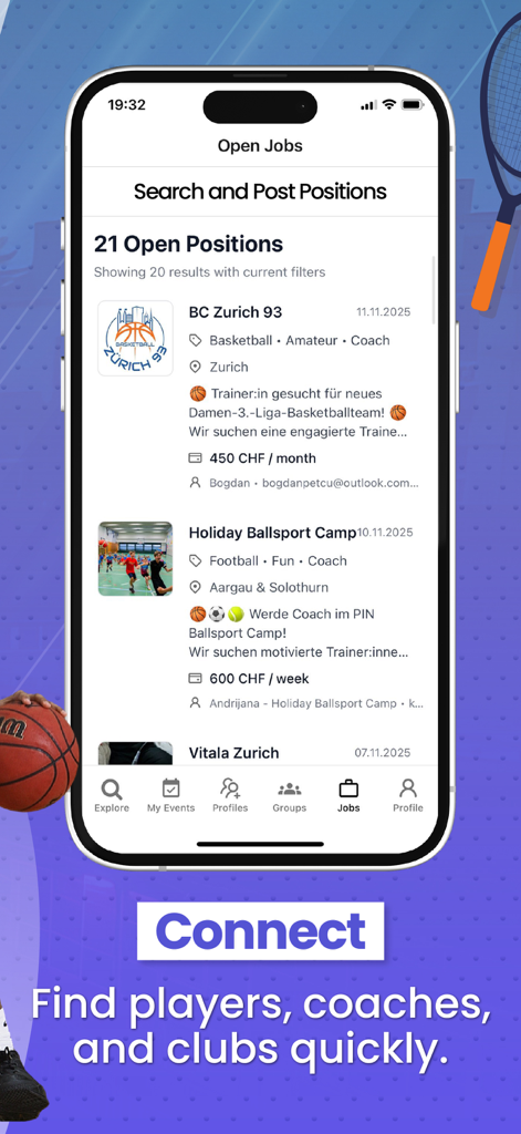 PIN Sport App job board interface showing open coaching positions and sports club recruitment