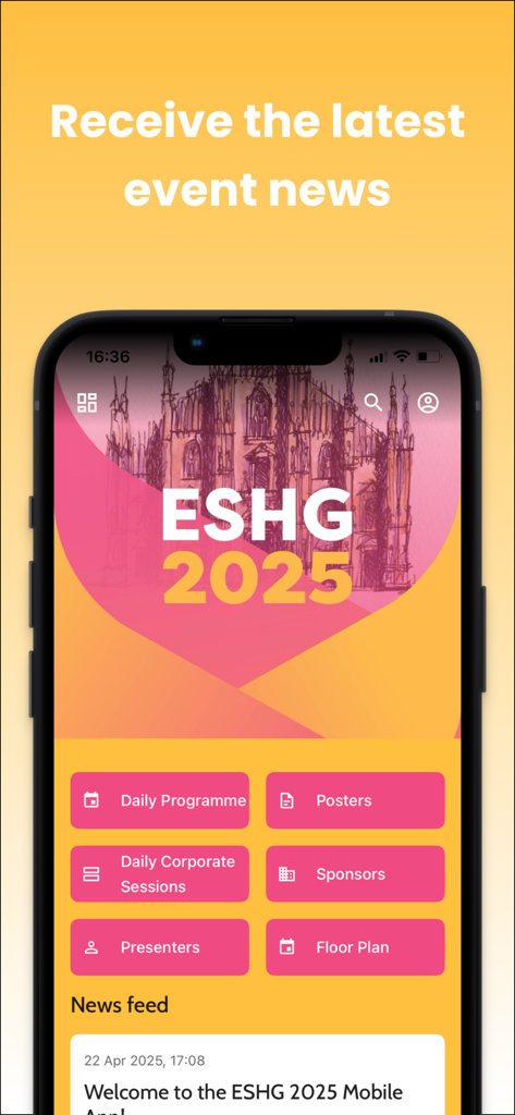 The ESHG 2025 mobile app home screen featuring buttons for daily programme, posters, and the latest event news.
