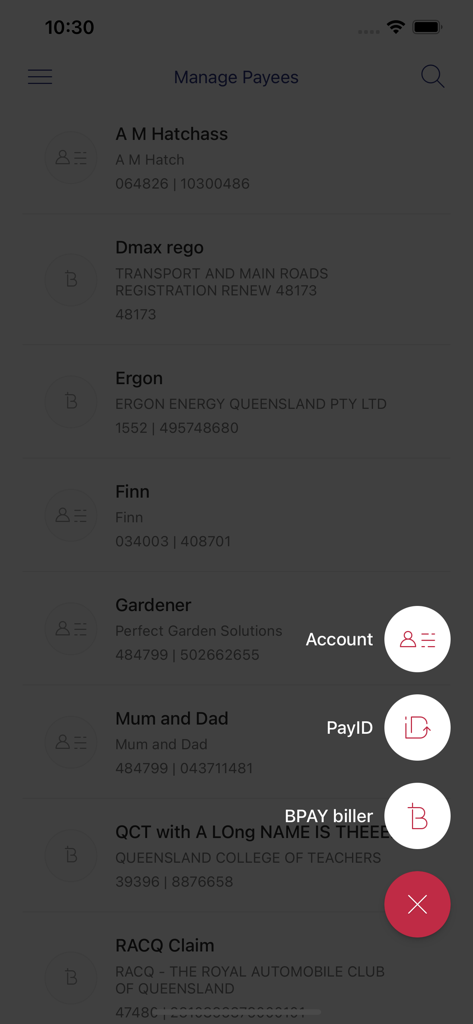 Defence Bank Mobile - Der Bildschirm 'Zahlungsempfänger verwalten' der Defence Bank Mobile App mit einer Liste von Empfängern und Schnelloptionen zum Hinzufügen von Account PayID und BPAY.