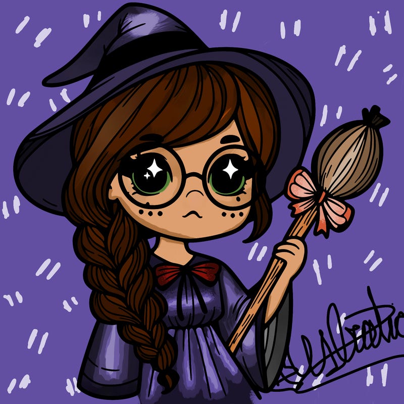 a witch with a braid and two glasses