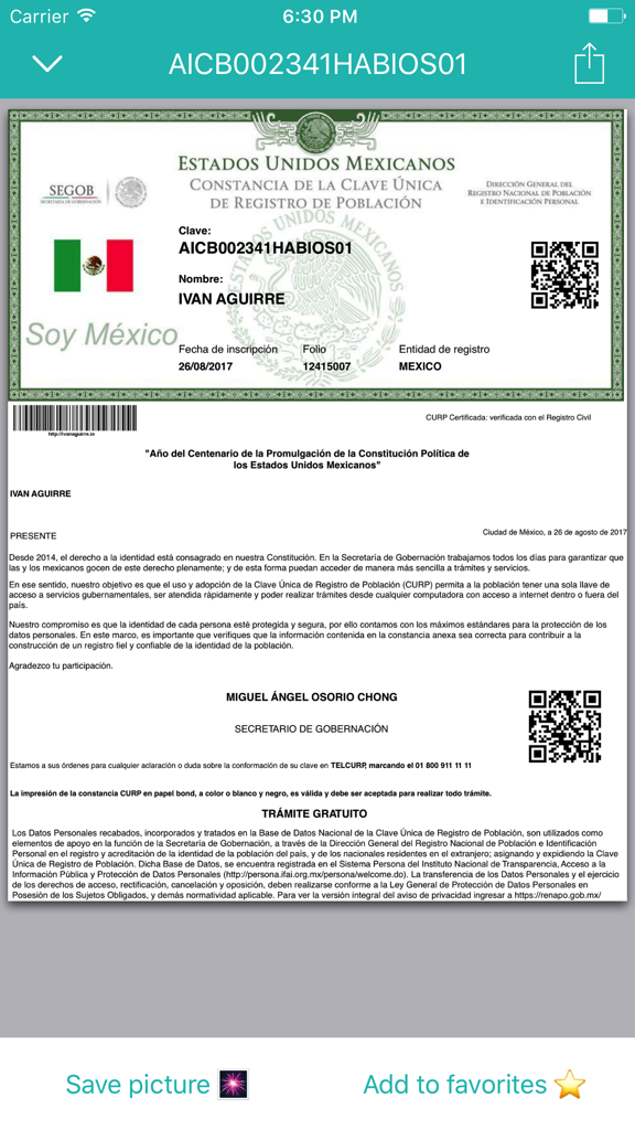 CurpBot - Download your CURP - Digital Mexican CURP document displayed on the CurpBot app interface with options to save or favorite
