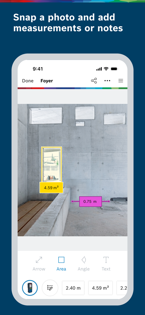 Bosch MeasureOn app interface for adding measurements to job site photos