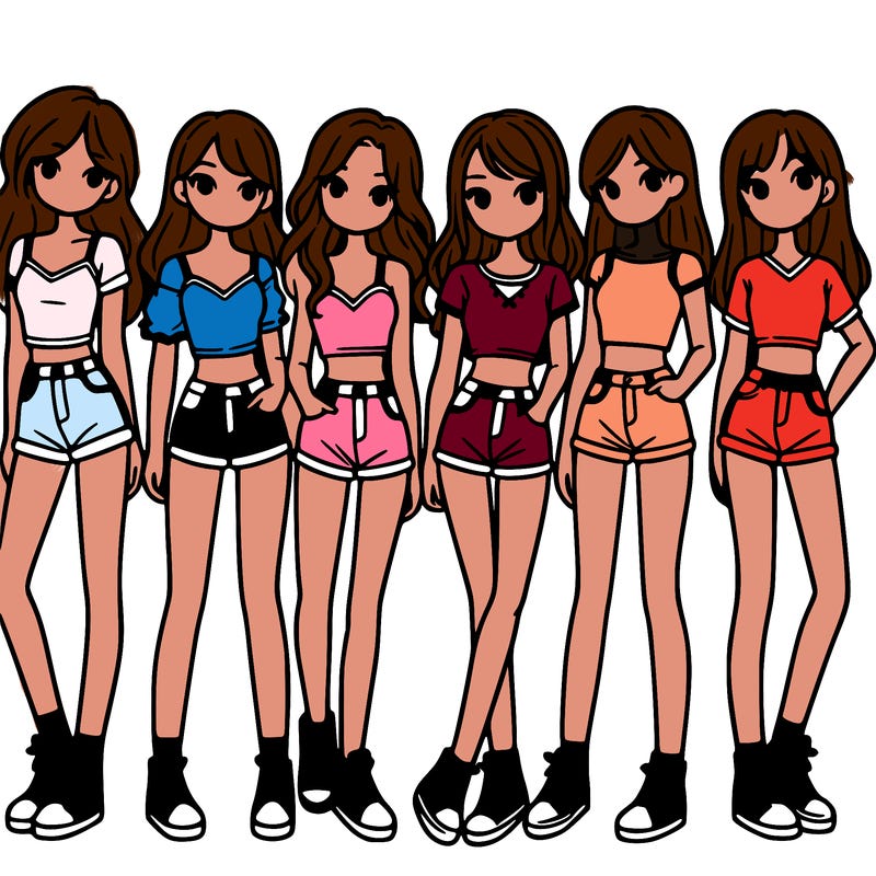 a group of girls wearing crop tops and shorts