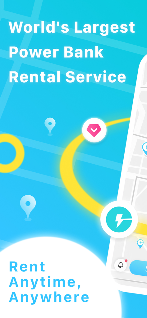 ChargeSpot app interface for renting power banks with a map showing nearby locations.