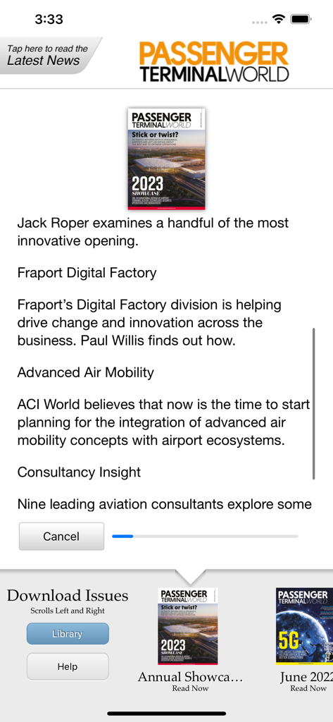 Passenger Terminal World - Vorschau der Passenger Terminal World App, die Magazinartikelzusammenfassungen und herunterladbare Ausgaben zeigt