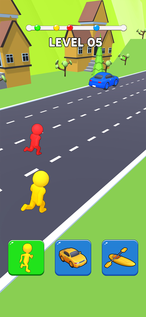 Gameplay de Shape Shifter Transform mostrando personajes 'stickman' y un coche compitiendo en una carretera suburbana con opciones de transformación.