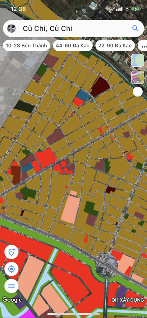 Mobile app interface showing color coded urban planning and land zoning map for Cu Chi district in Ho Chi Minh City