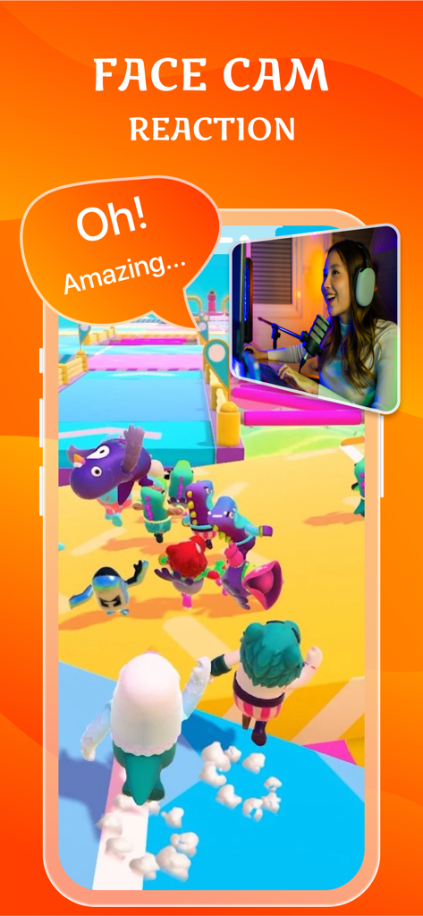 Screen Recorder for iPhone HD - Mobile Spielbildschirmaufnahme mit Face Cam-Reaktions-Overlay, das eine Frau mit Headset zeigt