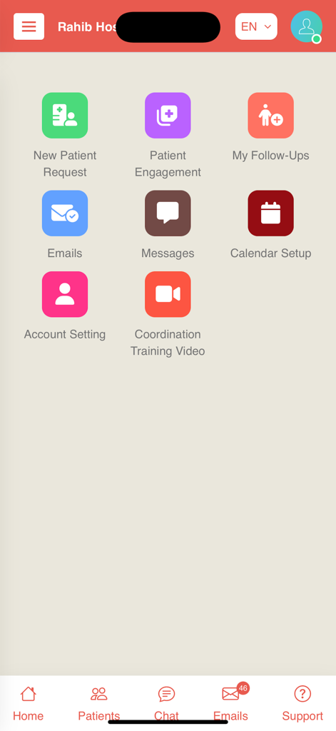PlacidTracks CRM home screen showing icons for patient requests, engagement, follow ups, and medical tourism management tools