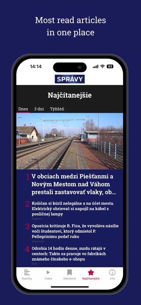 Správy STVR - Abschnitt mit den meistgelesenen Nachrichtenartikeln in der mobilen App Správy STVR.