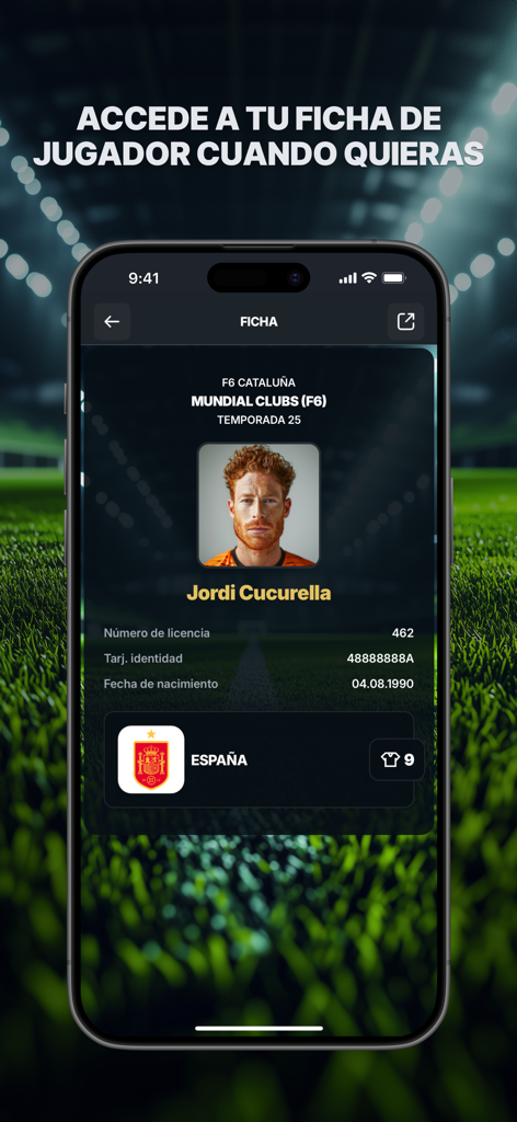 MyGol - Soccer Leagues - Digital player profile card in the MyGol app showing amateur soccer player details and statistics