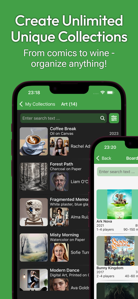 My Collections: Collect & Show - My Collections app interface showing curated art and board game inventories on a smartphone.