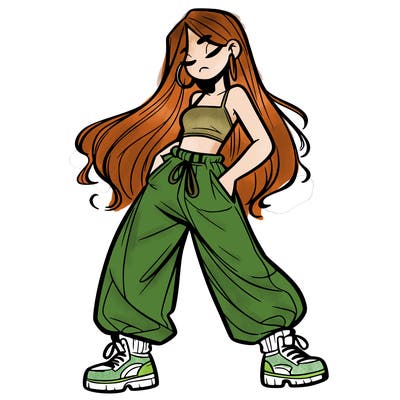 girl in baggy pants crop top and long hair