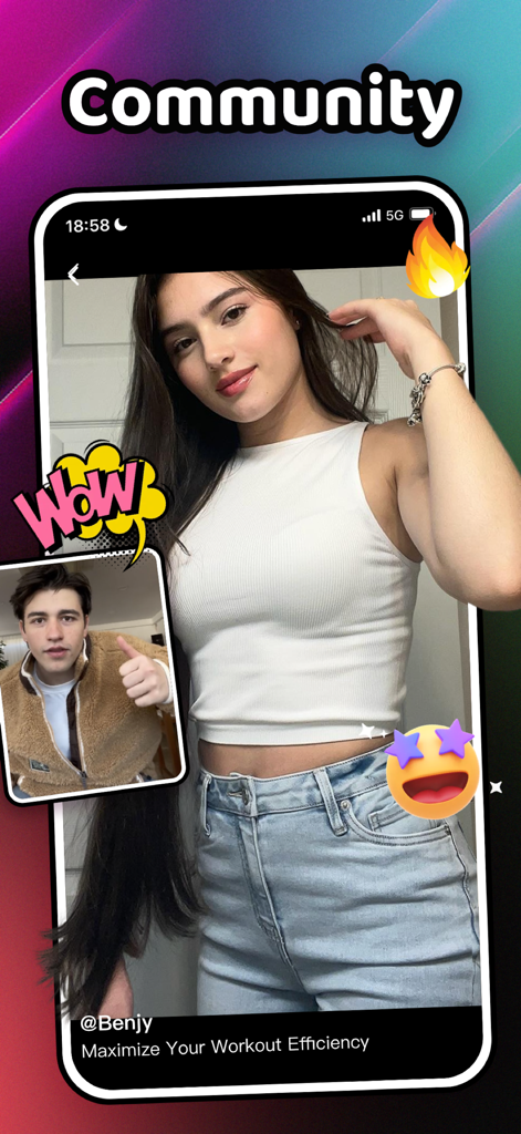 A screenshot of the Indox app showing fitness community video sharing with workout tips and user stickers