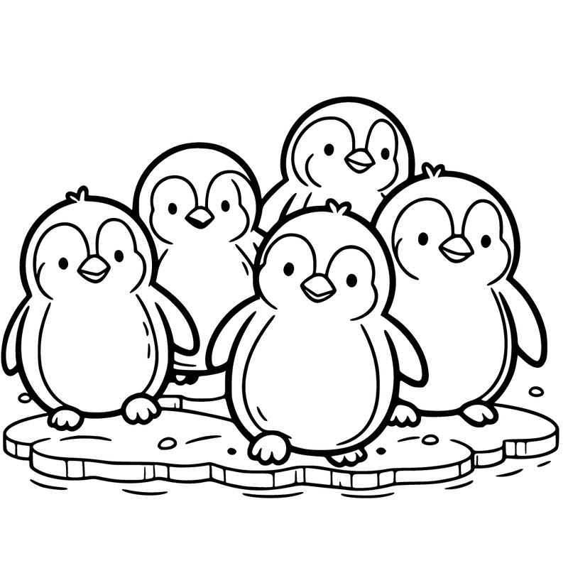 line art of a group of friendly penguins waddling on the snowy ice. (rounded shapes, short legs)