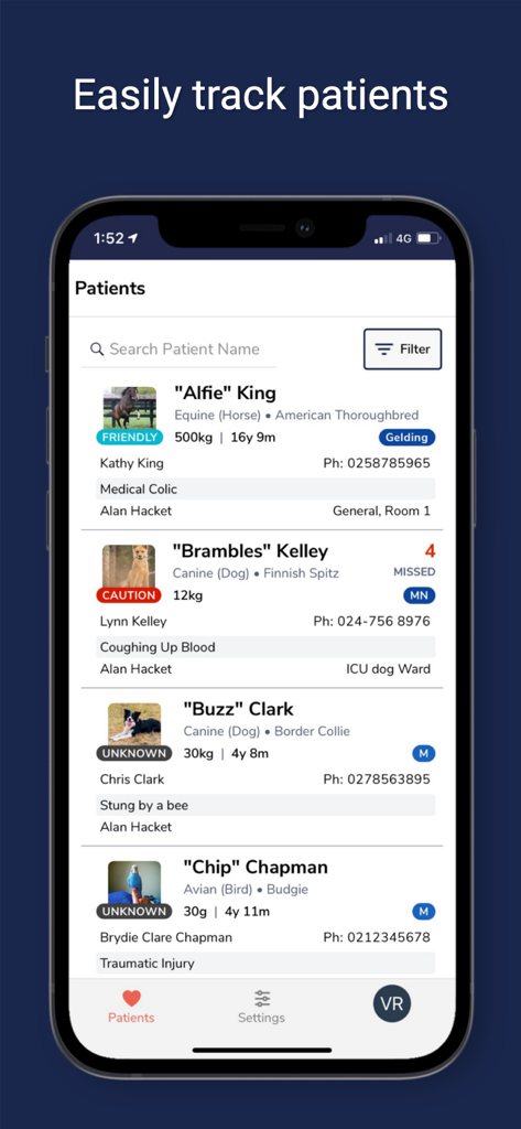 Vet Radar - Vet Radar mobile app showing a list of veterinary patients and their medical status