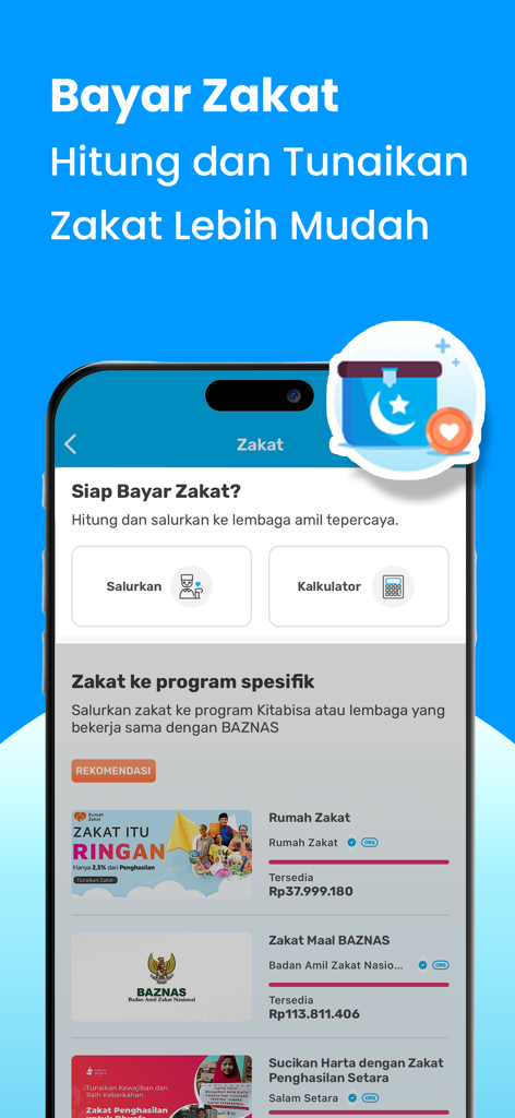 Kitabisa: Donasi, Zakat, Wakaf - La sezione Zakat dell'app mobile Kitabisa con un calcolatore e programmi di donazione specifici.