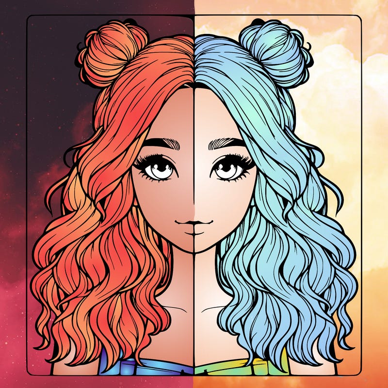 realistic girl with wavy hair and half of her hair in 2 buns