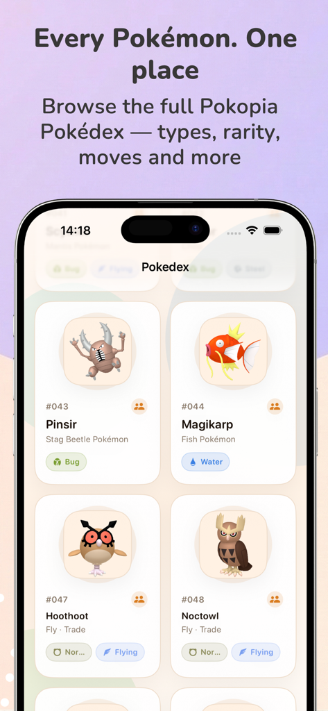 A screenshot of the Pokodex app showing a list of Pokemon entries including Pinsir and Magikarp with their types and descriptions