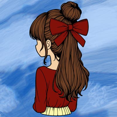 realistic girl  with hip length hair a bun and a big bow on the back of head