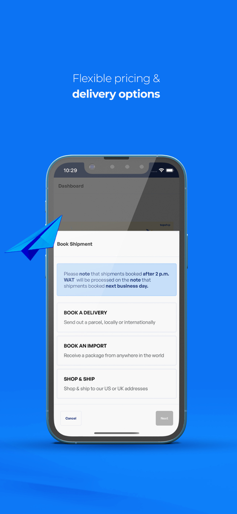 Topship - Interfaccia dell'app Topship che mostra le opzioni per prenotare una consegna, prenotare un import o utilizzare i servizi shop and ship