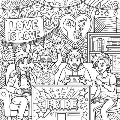 Dive into a world of color and celebration with our unique Teenage Gamers x Pride coloring page! This template perfectly blends the excitement of gaming with the vibrant spirit of Pride Month, inviting you to create a masterpiece that champions diversity and joy.