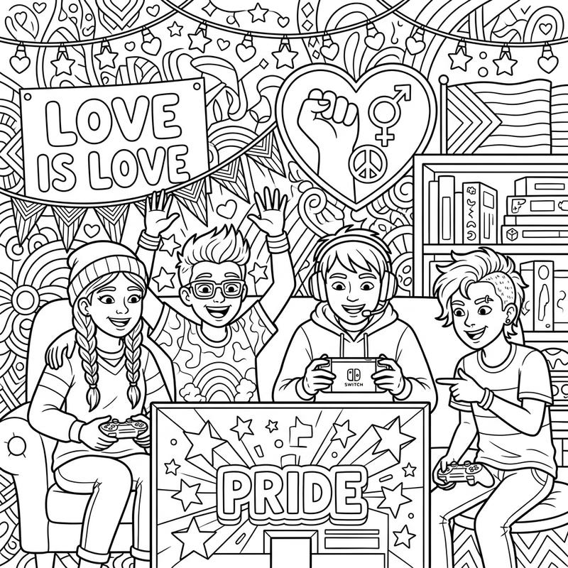 Dive into a world of color and celebration with our unique Teenage Gamers x Pride coloring page! This template perfectly blends the excitement of gaming with the vibrant spirit of Pride Month, inviting you to create a masterpiece that champions diversity and joy.