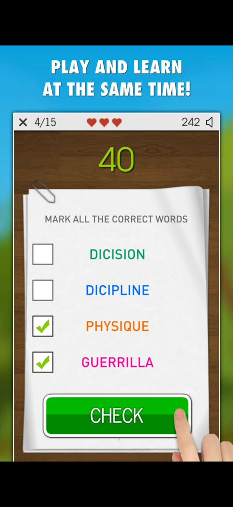 In-game screen of Spelling Master where the user marks correctly spelled words on a digital notepad