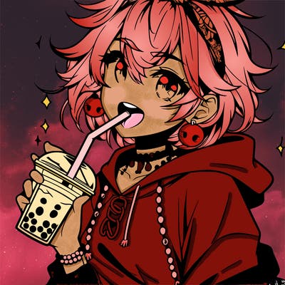 hot baddie anime girl drinking boba and biting the straw