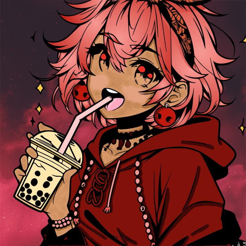 hot baddie anime girl drinking boba and biting the straw